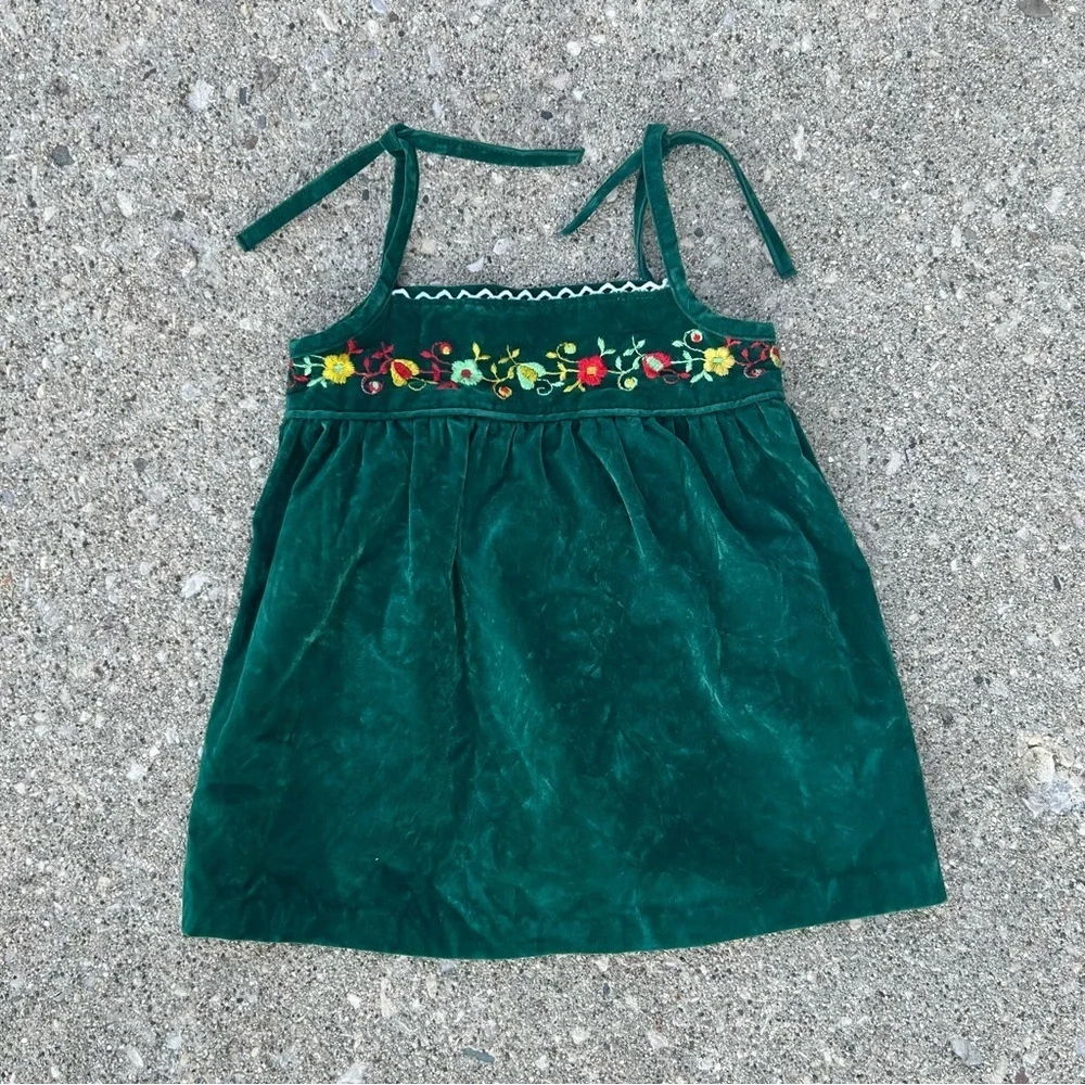 Vintage Toddler Green Velvet Dress Embroidered Floral Pinafore 2T 3T